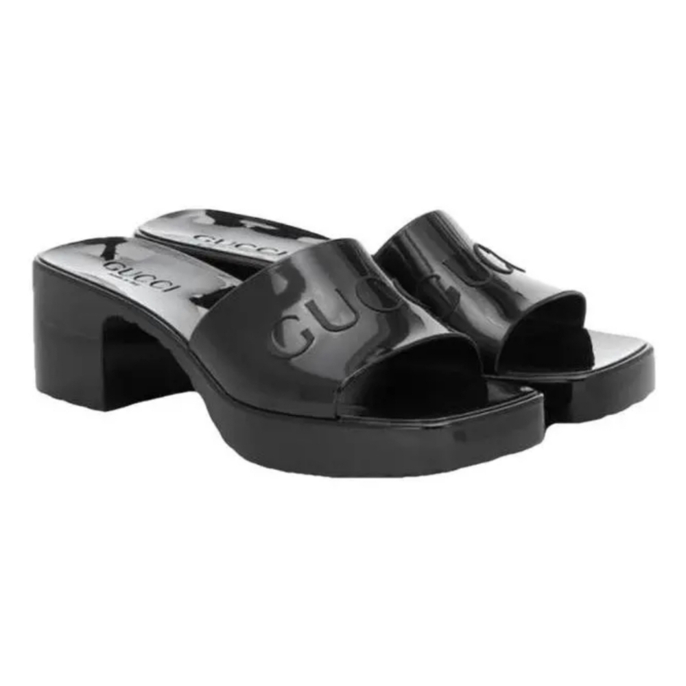 GUCCI Plastique Logo Rubber Heeled Mule Sandals Black Resortwear Minimalist US 8 - Picture 14 of 16
